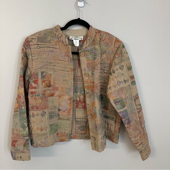 Orvis Women’s Long Sleeve Button Up Tan Abstract Quilted Cropped Jacket Sz S GUC - Picture 2 of 7